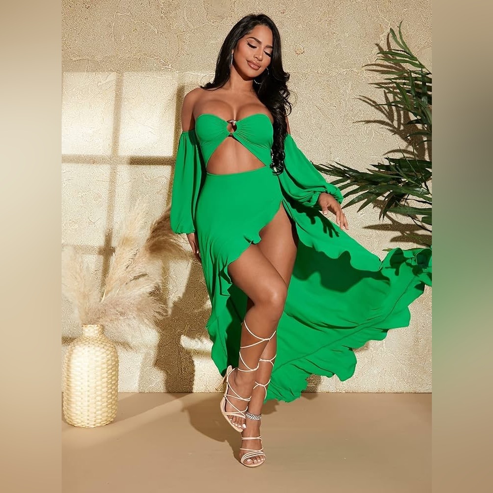 Off Shoulder Lantern Sleeve Cut Out O-Ring Detail Asymmetrical Hem Dress Green